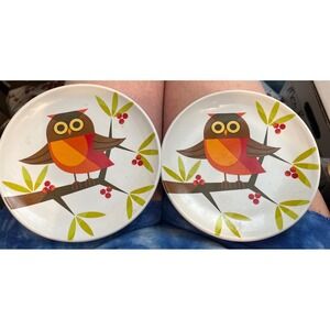 Signature Housewares Orange Owl Stoneware Appetizer Plates Set of 2 MCM 6 Inch